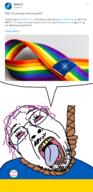 badge bloodshot_eyes crying flag glasses hair hanging mustache nato oink open_mouth purple_hair rope soyjak speech_bubble speech_bubble_empty stubble suicide text tongue tranny twitter ukraine variant:bernd yellow_teeth // 626x1296 // 468.9KB