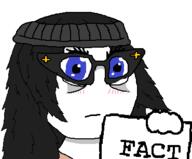 beanie blue_eyes blush closed_mouth eye_bags fact female glasses hair headband holding_object neutral paper soyjak variant:soytan // 370x307 // 5.2KB