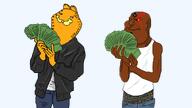 Warrior-Z(user) animal batman brown_skin buff cat clothes gangster garf_(user) garfield hood kratos meta:Not_OC money money_spread muscles subvariant:impish_meowjak subvariant:mexiaryan underpants variant:impish_soyak_ears variant:meximutt // 1280x720 // 339.0KB