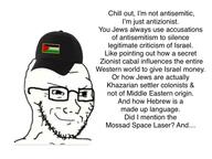 antisemitism cap closed_mouth clothes conspiracy_theory glasses hat israel palestine racism smirk stubble text variant:soyak wordswordswords // 960x720 // 65.0KB