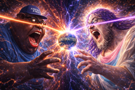 america_first angry antimatter blue_shirt brown_skin clothes fight four_fingers glasses god hat lazer_eyes meta:ai_generated obese purple_hair space stubble subvariant:branigger troonella variant:alicia variant:brandon white_skin yelling // 1536x1024 // 2.7MB