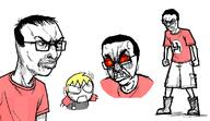 4chan angry art boots boots_with_laces cargo_shorts clothes deformed_swastika drawing glasses hair hatching nate pol_(4chan) red_eyes red_shirt shading style_emulation teeth variant:chudjak yellow_eyes yellow_hair // 1542x890 // 33.3KB