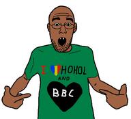 bbc brown_skin clothes country ear flag glasses hohol i_love open_mouth pointing romania soyjak stubble text tshirt ukraine variant:shirtjak // 618x559 // 81.8KB