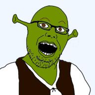 brown_eyes caca clothes coal dreamworks glasses green_skin jacket ogre ogre_ears open_mouth shrek soyjak stubble variant:mostterriblevariantever // 1356x1354 // 333.7KB