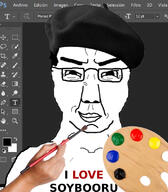 artist brush closed_mouth clothes hand hat looking_at_you palette photoshop smug soybooru soyjak subvariant:chuddy text variant:chudjak // 693x791 // 274.9KB