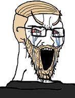 beard bloodshot_eyes blue_eyes clothes crying glasses hair mustache nordic_chad open_mouth soyjak stretched_mouth variant:soyak yellow_hair // 763x997 // 176.4KB