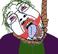 bloodshot_eyes clothes crying glasses green_hair hanging makeup mustache open_mouth soyjak stubble tongue variant:bernd // 768x719 // 320.3KB