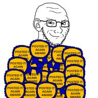arm award badge closed_mouth ear glasses posted_it_again_award ribbon smirk smug soyjak stubble text variant:soyak // 600x600 // 68.5KB