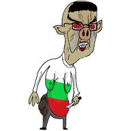 artist:romanian_schizo bloodshot_eyes brown_skin bulgaria clenched_teeth country crying ear flag full_body glasses hair hand holding_object knife soyjak variant:chudjak // 1140x1286 // 82.4KB