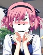 anime blush glasses komine_sachi pink_hair smile stubble the_fruit_of_grisaia variant:markiplier_soyjak // 346x448 // 237.2KB
