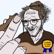 award biting_lip brianna_ghey brown_hair chocolate clothes glasses hair hand middle_finger pale_skin soyjak stubble sweater tranny variant:thunderf00t white_skin // 529x538 // 25.8KB