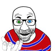 blue_eyes chris-chan clothes glasses green_eyes heterochromia holding_object perro_hold soyjak stripes stubble tshirt variant:el_perro_rabioso // 430x400 // 81.8KB