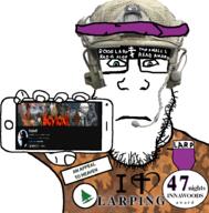 award blue_eyes camouflage cross eyes_like_the_o-o-cean glasses headband headset heart helmet holding_object holding_phone i_heart larp microphone military neutral orange_shirt orthodox_cross phone pine_tree purple stubble tape variant:markiplier_soyjak white_background white_skin youtube // 908x924 // 360.7KB