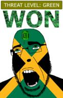 ahegao country emerald flag flag:jamaica gem glasses green green_eyes hair jamaica looking_up open_mouth schlog_color_event soyjak soyjak_blog stubble teeth text threat_level_green variant:cobson won // 721x1115 // 172.9KB