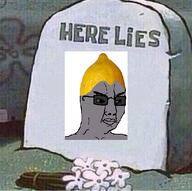 closed_mouth dead flower glasses gravestone grey_skin grey_teeth lemon lemon_(user) meta:namefags plant rip soyjak spongebob_squarepants tinted_glasses variant:chudjak // 563x561 // 468.9KB