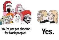 abortion arthoe beard crying daddy's_girl fat female glasses hair hand nordic_chad open_mouth pink_hair red_eyes red_hair stubble text variant:markiplier_soyjak wojak yellow_hair // 1022x694 // 91.2KB