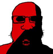 anarcho-communism black_sclera flag:anarcho-communism glasses horror no_pupils ominous red red_teeth shadow soyjak starved stubble teeth variant:markiplier_soyjak // 599x611 // 7.8KB