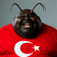 antenna black_skin cockroach fat flag flag:turkiye happy meta:ai_generated obese open_mouth realistic red_shirt series:fusionjaks smile star_and_crescent subvariant:branigger subvariant:fat_alicia turkiye turkroach variant:alicia variant:brandon // 512x512 // 413.1KB
