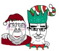 2soyjaks arm beard christmas christmas_elf chud_troon_alliance closed_mouth clothes ear friendship glasses hair hand happy holly makeup nazism purple_hair santa santa_hat smile soyjak stubble subvariant:chudjak_front swastika tranny variant:bernd variant:chudjak // 956x830 // 242.2KB