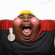 blush brown_skin character:hunky fat fat_fuck meta:ai_generated obese screaming subvariant:branigger subvariant:fat_alicia subvariant:hunky_twink_sex_machine teeth variant:alicia variant:brandon yellow_hair // 640x640, 7s // 1.1MB