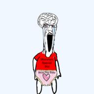 arm big_brain bloodshot_eyes brain clothes crying diaper full_body glasses hand heart leg open_mouth soyjak stretched_mouth stubble text tshirt variant:soyak // 1024x1024 // 216.5KB