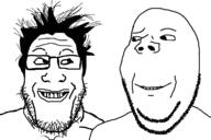 2soyjaks are_you_soying_what_im_soying glasses hair looking_at_each_other raised_eyebrow smirk soyjak stubble subvariant:wholesome_soyjak template variant:gapejak variant:markiplier_soyjak // 1200x800 // 113.7KB