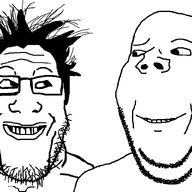 2soyjaks are_you_soying_what_im_soying glasses hair looking_at_each_other raised_eyebrow smirk soyjak stubble subvariant:wholesome_soyjak template variant:gapejak variant:markiplier_soyjak // 1200x800 // 113.7KB