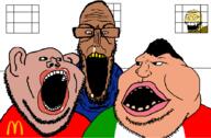 4soyjaks asian blue_shirt booger brown_skin crying glasses hair lips mcdonalds mexico mutt_trio open_mouth rotten_teeth stubble subvariant:euromutt subvariant:impish_amerimutt trend:soyjak_trio variant:gapejak variant:impish_soyak_ears variant:markiplier_soyjak variant:meximutt variant:soykio_kid variant:tony_soprano_soyjak // 888x581 // 51.3KB