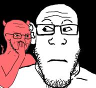 2soyjaks arm closed_mouth demon ear glasses hand horn neutral red_skin smug soyjak stubble subvariant:neutralplier tail variant:markiplier_soyjak variant:soyak whisper yellow_sclera // 732x670 // 184.0KB