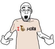 arm clothes ear glasses hand horn i_love instrument open_mouth pointing soyjak stubble tshirt variant:shirtjak // 618x559 // 80.1KB