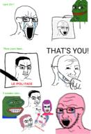 amphibian bloodshot_eyes clothes crying distorted frog glasses hair hand hat holding_object judaism kippah large_nose makeup mask multiple_soyjaks mustache nas:pepe open_mouth pepe_the_frog pink_hair pink_skin pointing pointing_at_viewer purple_hair shaking soyjak stretched_mouth stubble subvariant:chudjak_front subvariant:pol_face text tranny variant:chudjak variant:soyak wojak // 1024x1500 // 938.9KB