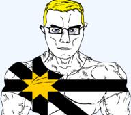 arm aryan blue_eyes british buff closed_mouth clothes ear eyes_like_the_o-o-cean flag flag:sutherland glasses hair scotland soyjak subvariant:chudjak_front subvariant:muscular_chud sutherland tshirt united_kingdom variant:chudjak vein yellow_hair // 1059x929 // 55.1KB