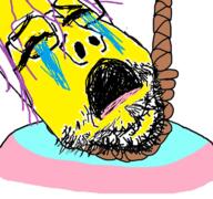 closed_eyes crying emoticon glasses hanging open_mouth purple_hair rope soyjak stubble subvariant:scholar suicide tranny variant:gapejak yellow_skin 😭 // 768x719 // 323.1KB