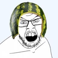 angry clothes food foodjak fruit glasses hat mustache open_mouth soyjak stubble variant:feraljak watermelon // 1280x1280 // 1.4MB