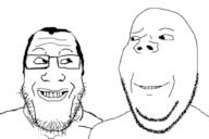 2soyjaks are_you_soying_what_im_soying balding closed_mouth glasses grin hair looking_at_each_other smile soyjak stubble subvariant:wholesome_soyjak variant:gapejak variant:markiplier_soyjak // 1024x683 // 70.0KB