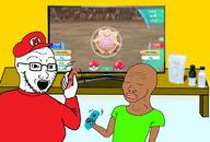arm bottle brown_skin cap clefairy clothes father glasses hand hat holding_object kanto mario nintendo nintendo_switch open_mouth pokemon pokemon_lgpe soy soyjak soylent stubble television tshirt variant:soyak variant:wojak video_game wojak // 800x542 // 421.9KB