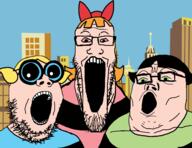 3soyjaks blossom_(ppg) blue_eyes bowtie bubbles_(ppg) buttercup_(ppg) cartoon clothes female glasses green_eyes hair open_mouth orange_hair pink_eyes powerpuff_girls soyjak stretched_mouth stubble trend:soyjak_trio variant:gapejak variant:markiplier_soyjak variant:tony_soprano_soyjak yellow_hair // 1596x1232 // 365.4KB
