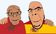 2soyjaks arm_behind_back brown_skin flag:morocco flag:spain friendship glasses hair hand no_more_brother_wars series:trios_&_duos smile soyjak stubble teeth transparent_background variant:cobson variant:feraljak // 1919x1174 // 145.1KB