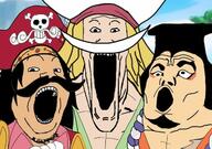 3soyjaks anime beard clothes hair hat mustache one_piece open_mouth pirate pirates skull soyjak trend:soyjak_trio variant:gapejak variant:markiplier_soyjak variant:tony_soprano_soyjak white_hair yellow_hair // 640x449 // 76.6KB