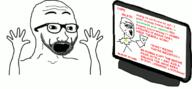 animated anti_anti_soyjak arm excited glasses hand hands_up open_mouth screen shaking soyjak stubble text variant:excited_soyjak // 680x315 // 115.1KB