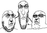 3soyjaks closed_mouth glasses punisher_face soyjak stretched_chin stubble subvariant:longplier trend:soyjak_trio variant:gapejak variant:markiplier_soyjak variant:tony_soprano_soyjak // 828x581 // 199.9KB