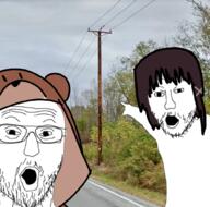 2soyjaks anime arm clothes glasses hair hand hat irl_background iwakura_lain mustache open_mouth pointing serial_experiments_lain soyjak stubble variant:two_pointing_soyjaks // 1006x994 // 1.0MB