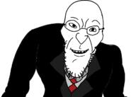 closed_mouth clothes glass glasses smile soyjak stubble suit tuxedo variant:angry_soyjak // 742x530 // 38.6KB
