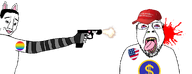2soyjaks boykissersilly_cat clothes ear eyelashes femboy flag:gay_pride_flag flag:united_states gun holding_gun holding_object maga make_america_great_again united_states variant:bernd variant:chudjak woke // 1342x515 // 75.2KB