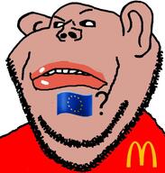 amerimutt angry black_sclera brown_skin clothes countrywar ear europe flag:european_union implied_euromutt lips looking_at_you mcdonalds mutt question_mark raised_eyebrow red_shirt soyjak stubble subvariant:impish_amerimutt suspicious variant:impish_soyak_ears 🏳️‍🌈? // 500x524 // 113.3KB