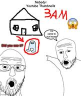 2soyjaks amogus arm arrow building coaxed_into_a_snafu comic_sans emoticon glasses imgflip.com mustache open_mouth pointing scared soyjak stubble text variant:two_pointing_soyjaks video_game youtube // 500x593 // 185.9KB