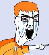 angry arm badge bloodshot_eyes clothes crying glasses hair hand open_mouth orange_hair pointing soyjak soyzellig_party text tshirt variant:chudjak zach zarty // 917x1027 // 57.3KB