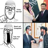 china clothes flag flag:china flag:saudi_arabia glasses hand hat islam mustache open_mouth pointing pointing_at_viewer soyjak star_(symbol) stubble taqiyah text turban variant:a24_slowburn_soyjak xi_jinping // 680x680 // 556.9KB