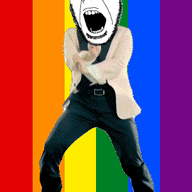animated dance flag full_body gangnam_style gay glasses irl lgbt open_mouth push_pin soyjak sticky stubble variant:cobson // 300x460 // 309.8KB