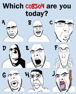 alphabet beard big_lips blue_background disgusted english_text glasses hand hanging happy horny letter lipstick multiple_soyjaks open_mouth original_content shadow shocked smile stubble subvariant:hornyson subvariant:suspicious_chudjak surprised teeth the_lawnmower_man thumbs_up variant:chudjak variant:cobson variant:unknown // 2765x3433 // 1.3MB